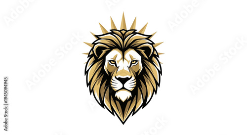 Majestic golden lion head emblem with radiating sunburst on white background