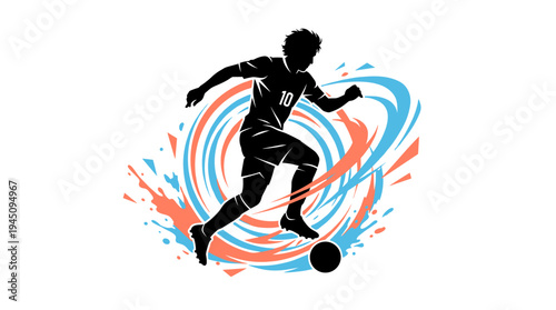 Dynamic soccer player silhouette dribbling ball with blue and orange abstract swirls vector illustration