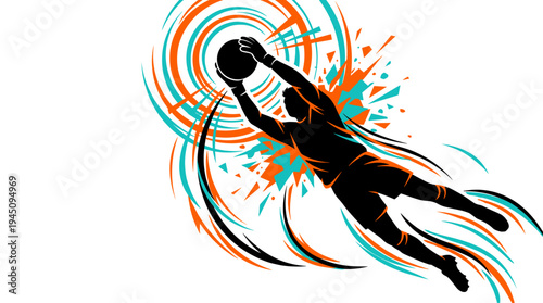 Dynamic soccer goalkeeper jumping to catch ball with abstract energy vector illustration