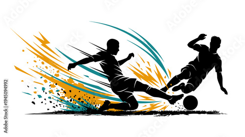 Dynamic soccer player silhouettes performing sliding tackle with motion trails vector illustration