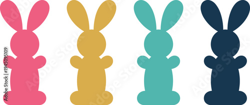 Four Colorful Easter Bunny Silhouettes on White Background Keywords: easter, bunny, rabbit, silhouette, pink, gold, teal, navy