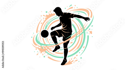 Male soccer player silhouette performing ball control with abstract colorful swirls vector illustration
