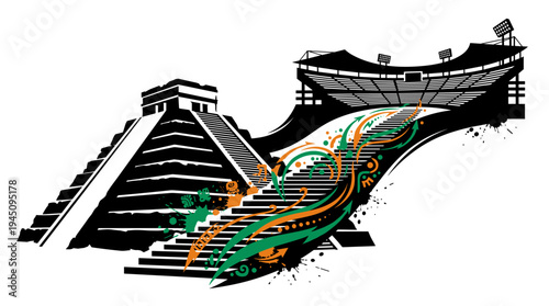 Mexican Mayan pyramid and modern stadium silhouette with colorful swirls vector illustration