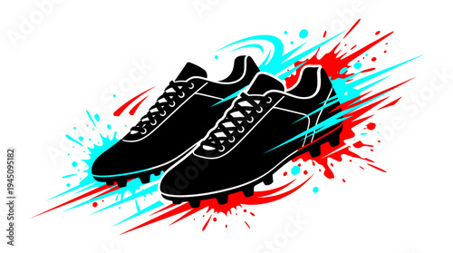 Pair of black soccer cleats with dynamic paint splatters vector illustration