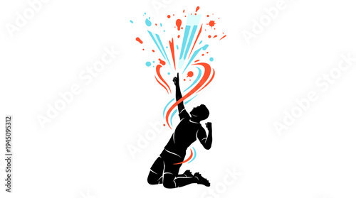 Silhouette of male soccer player celebrating goal on knees with abstract splashes vector illustration