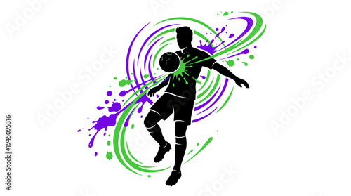 Silhouette of male soccer player controlling ball with colorful splashes vector illustration