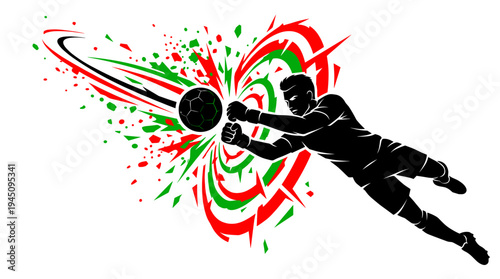 Silhouette of soccer goalkeeper diving to save ball with explosive energy trails vector illustration