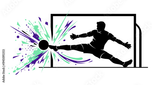 Silhouette of soccer goalkeeper making an acrobatic save with colorful splash vector illustration