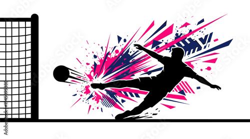 Silhouette of soccer player kicking ball into goal with vibrant abstract splashes vector illustration