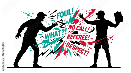 Silhouette of sports coach and referee arguing with dynamic text vector illustration