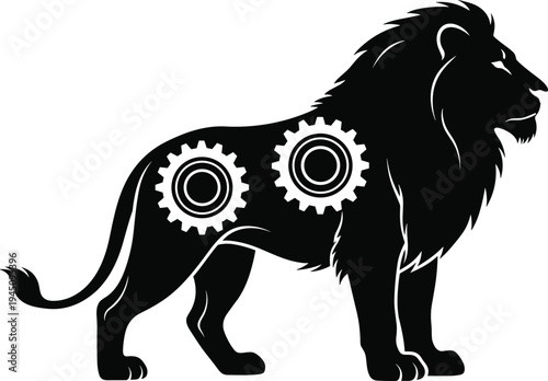 Black lion silhouette featuring industrial mechanical gear wheels inside body for strength power leadership and engineering concept design elements.Black lion silhouette featuring industrial mechanica