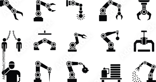 Diverse illustrations of robotic arms and human figures in industrial and creative settings