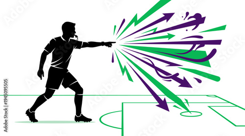Soccer referee silhouette blowing whistle and pointing with dynamic arrows vector illustration
