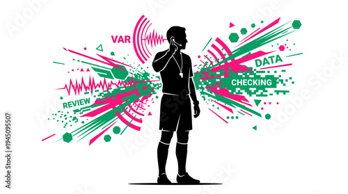 Soccer referee silhouette checking VAR with abstract data graphics vector illustration