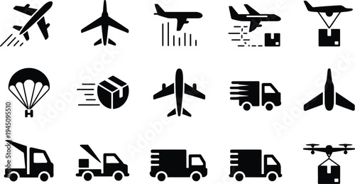 Collection of various transportation and delivery icons in black and white