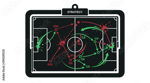 Soccer strategy clipboard with tactical football play diagram and arrows vector illustration