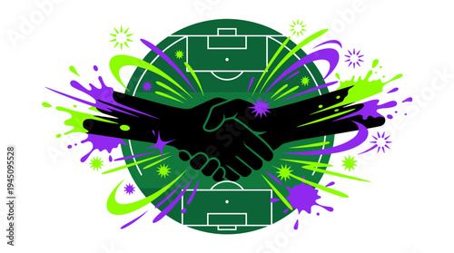 Sport handshake silhouette on soccer field with vibrant paint splatters vector illustration