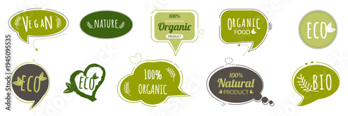 Organic and eco labels set. Collection of green vector badges with hand-drawn text and leaves. Minimalist style for natural food, vegan products, and sustainable brands.