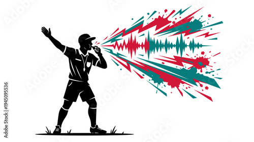 Sports referee silhouette blowing whistle with dynamic sound wave effect vector illustration