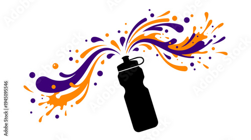 Sports water bottle silhouette with purple and orange liquid splashes vector illustration