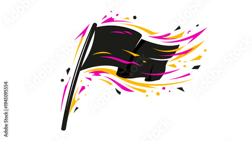 Stylized black waving flag with pink and yellow energetic motion lines vector illustration