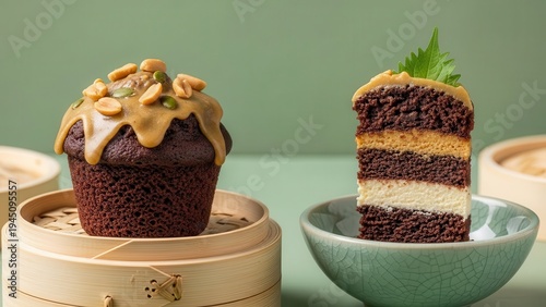 Delicious chocolate cupcakes with caramel and mint toppings on decorative plates and backgrounds