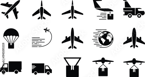 Diverse icons representing various modes of air and ground transportation and activities