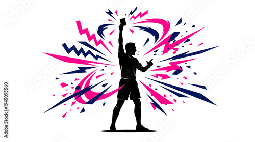 Stylized referee silhouette holding penalty card with energetic lightning bolts vector illustration