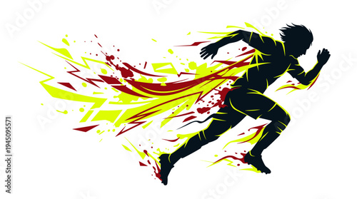 Stylized silhouette of male athlete sprinting with dynamic energy trails vector illustration
