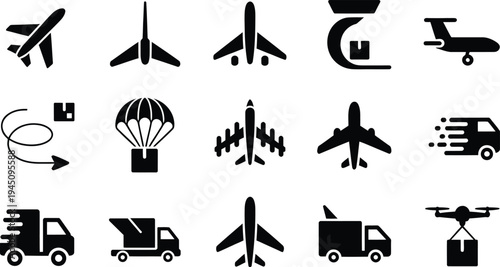 Various modes of transport and emergency icons in a stylized black and white graphic set