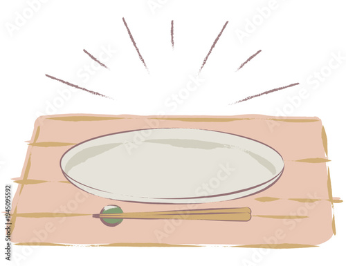 手描き風　主菜を乗せる丸いお皿と箸のイラスト