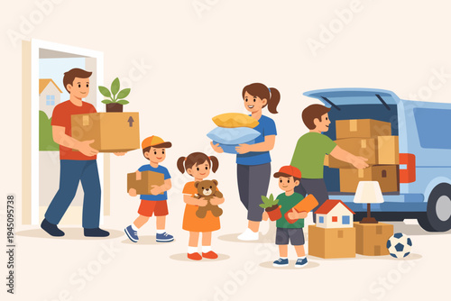 Happy Family Moving to a New Home: Parents and Children Carrying Cardboard Boxes, Pillows, and Toys to a Blue Van, Flat Vector Illustration of Relocation, Teamwork, and Starting a New Life.