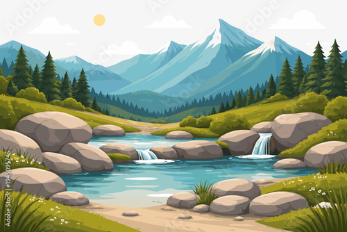 Serene mountain landscape flat vector illustration with snow-capped peaks, crystal clear river, small waterfalls, large smooth rocks, lush green meadows, pine forest, and a bright sunny sky.