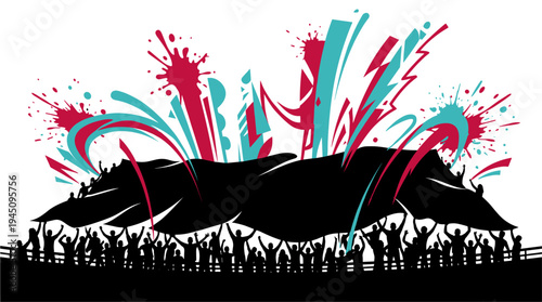 Cheering crowd silhouette with colorful abstract paint splashes vector illustration