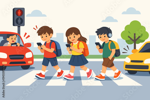 Group of school children distracted by mobile phones while crossing the street at a crosswalk, ignoring red traffic light and oncoming cars, road safety and digital addiction concept vector.