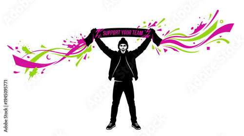 Cheering male sports fan silhouette holding scarf with colorful splashes vector illustration
