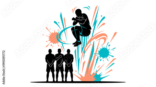 Dynamic rugby player jumping over defensive line with colorful splashes vector illustration