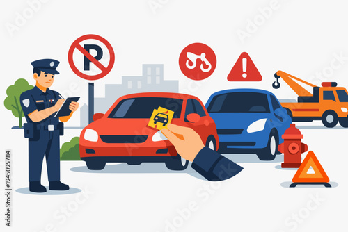 Police Officer Writing Traffic Ticket for Cars Parked in Prohibited Zone with No Parking Sign, Tow Truck, and Fire Hydrant in a Flat Vector Illustration of a City Street Violation Scene.