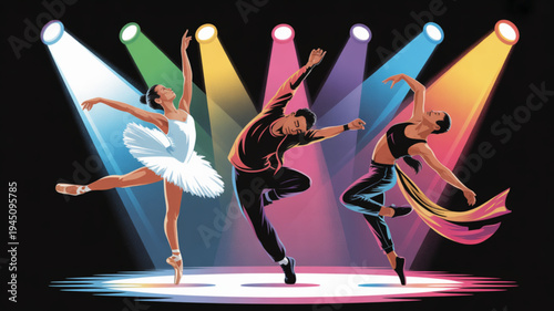 Dancers performing on stage with colorful spotlights ballet contemporary and modern dance styles energetic and dynamic scene