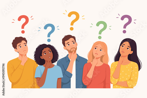 Diverse Group of People Thinking with Question Marks Above Their Heads, Flat Vector Illustration of Men and Women Looking Up Thoughtfully for Problem Solving, Brainstorming, and Curiosity Scenes.