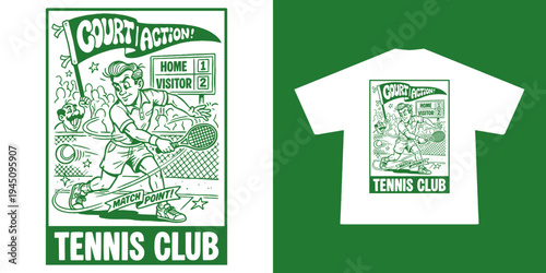 Retro Tennis Club Illustration with Player Swinging Racket and Vintage Sports Poster Style