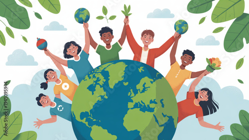 Diverse group of people celebrating earth day with globe leaves and flowers in a colorful illustration