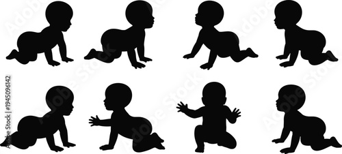 Silhouette Baby Crawling Poses Collection On White Background illustration