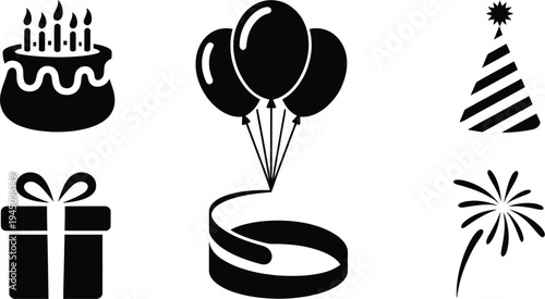 Celebration icons featuring gifts, balloons, confetti, and party decorations