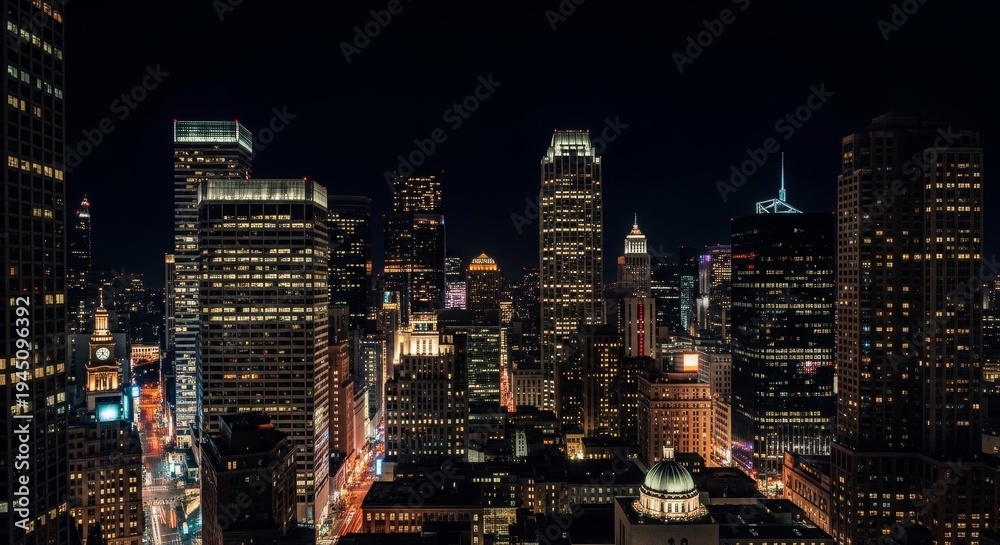 Obraz premium New York City skyline at night with illuminated buildings and city lights