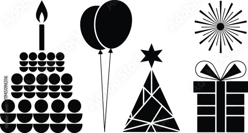 Celebration icons featuring a cake, candles, balloons, star, tree, and gift box.