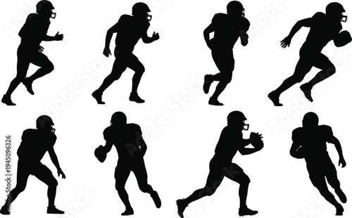 American football player silhouette collection featuring eight professional athletes in dynamic action poses like running passing and tackling, 19 words.American football player silhouette collection 