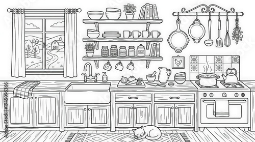 Detailed line art illustration of an inviting country kitchen with a sink, boiling pots, shelves, and a sleeping cat