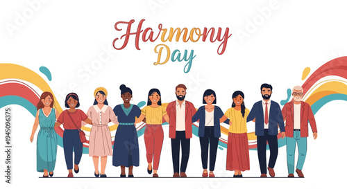 Illustration of diverse people celebrating Harmony Day with a colorful design and rainbow elements on a white background.