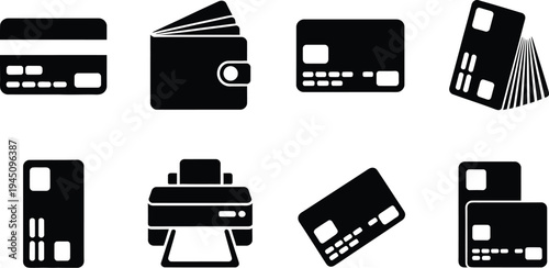 Collection of various payment and office equipment icons in black and white